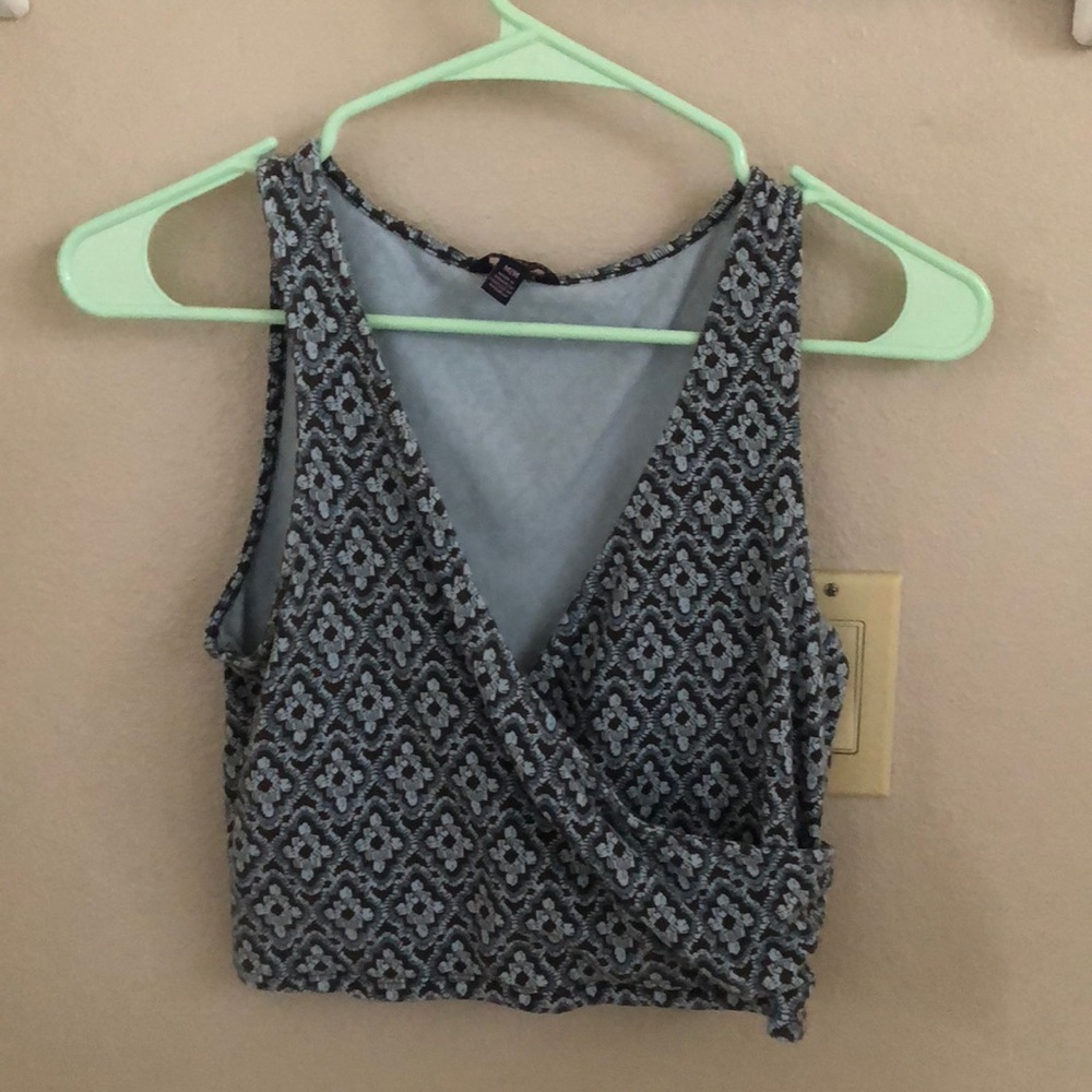blue pattern wrap crop top